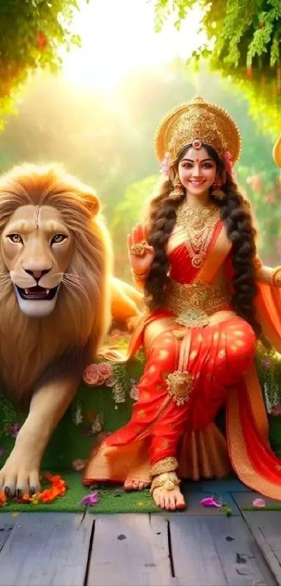 Goddess sitting beside a lion in a vibrant nature setting wallpaper.