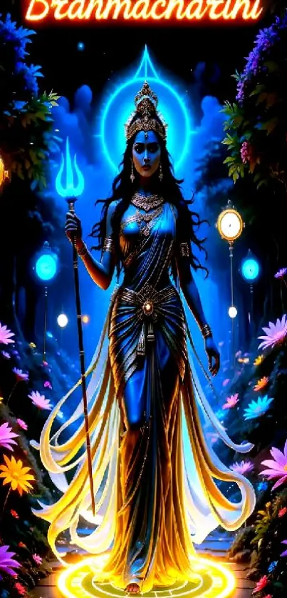 Illustration of a vibrant goddess in a mystical forest setting.