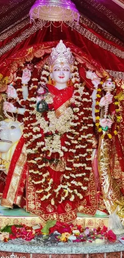 Vibrant red-themed Goddess Durga mobile wallpaper, ornate and divine.