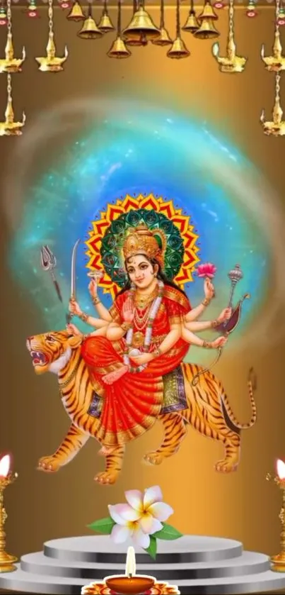 Vibrant image of Goddess Durga seated on a tiger with a cosmic background and bells.