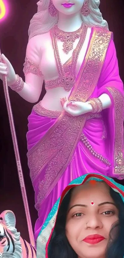 Goddess statue in magenta saree, woman below.