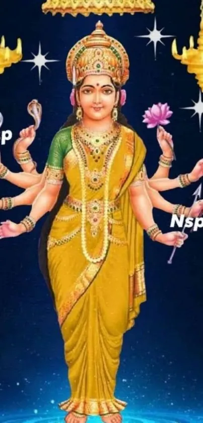 Vibrant goddess in golden attire with mystical decor.