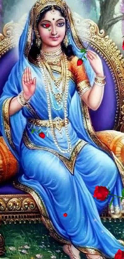 A beautifully illustrated divine figure in blue attire amidst vibrant surroundings.