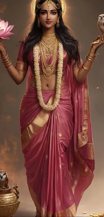 Elegant goddess in pink sari holds a lotus and owl, radiating divine beauty.