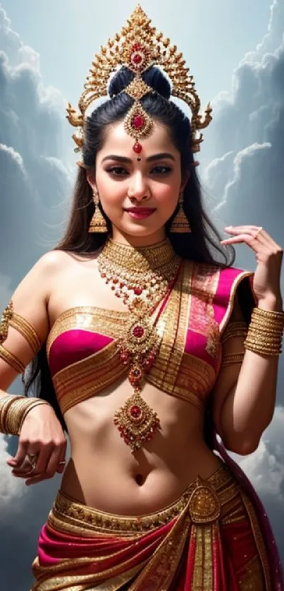 Goddess in pink saree with gold jewelry against cloudy sky.