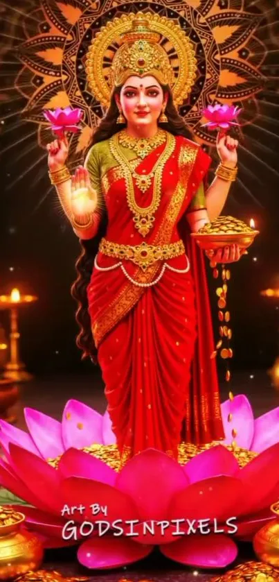 A goddess in red saree holding lotus flowers.