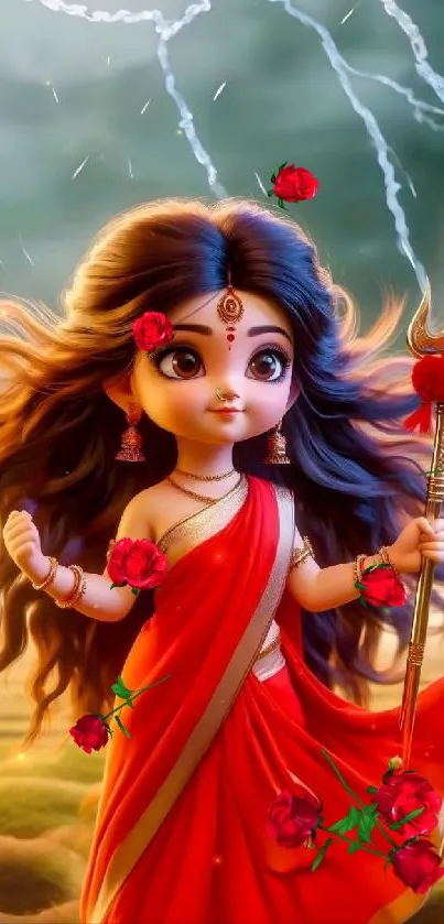 Divine goddess in red saree with roses and trident on a spiritual background.