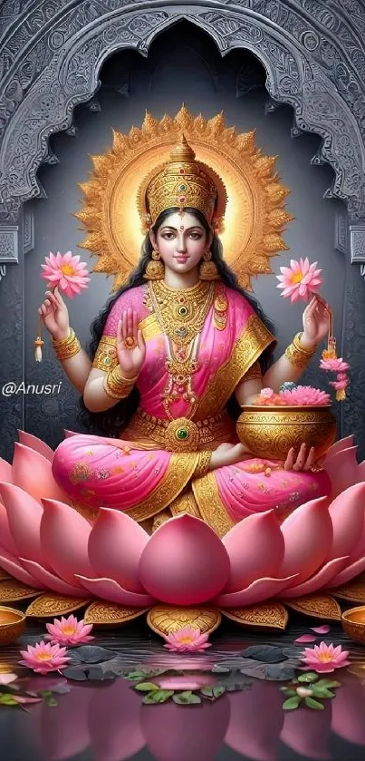 Goddess Lakshmi seated on lotus in vibrant pink attire, offering blessings.