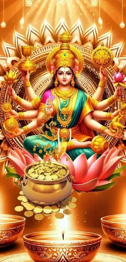 Mobile wallpaper featuring Goddess Lakshmi holding lotus and gold coins, in vibrant colors.