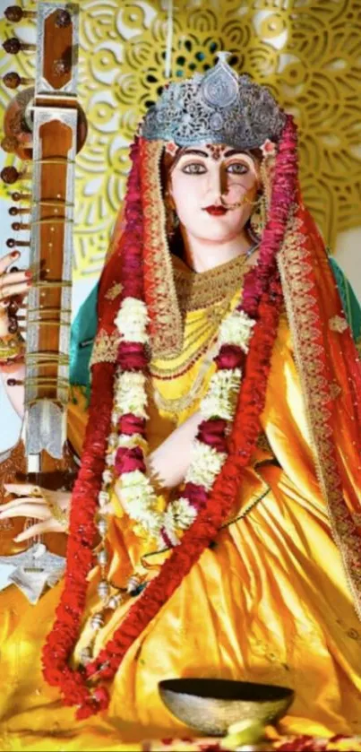 Divine goddess in vibrant traditional attire with ornate background.