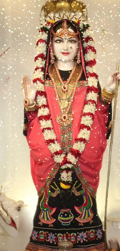 Vibrant goddess adorned in traditional red attire with floral accents.