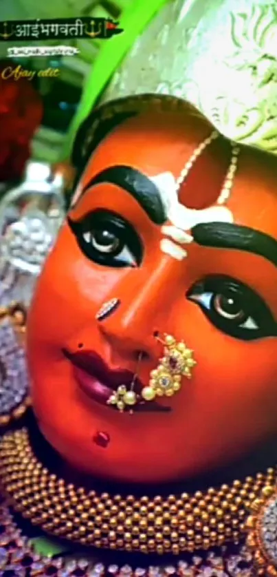 Vibrant goddess face with traditional ornaments.