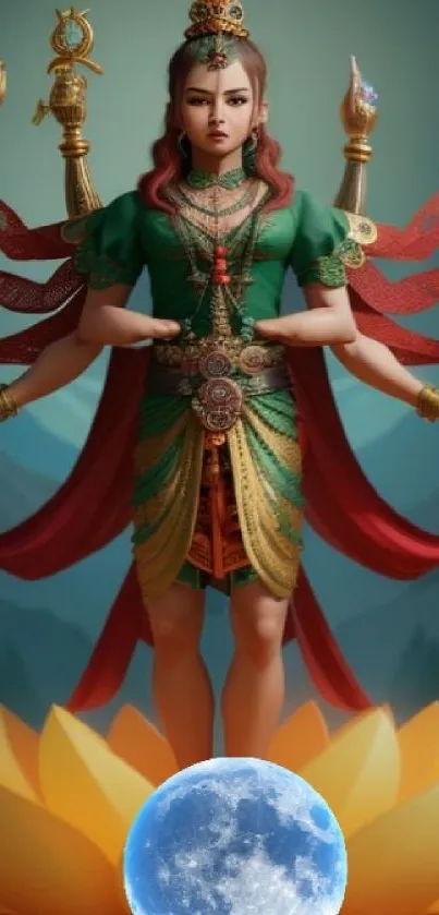 Divine goddess with multiple arms in lotus and mountain backdrop.