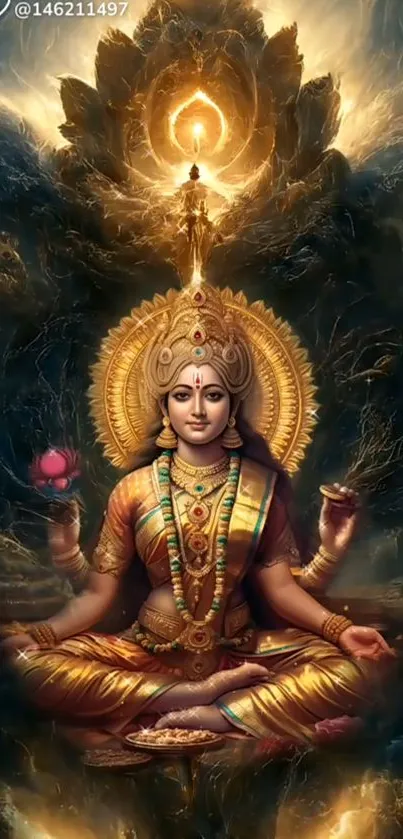 Mobile wallpaper of a meditating goddess surrounded by golden elements.