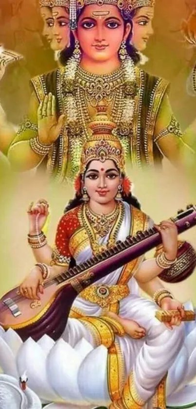 Goddess artwork with musical instrument on mobile wallpaper.