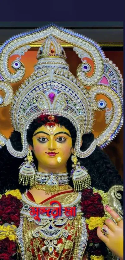 Divine goddess statue with ornate headdress.