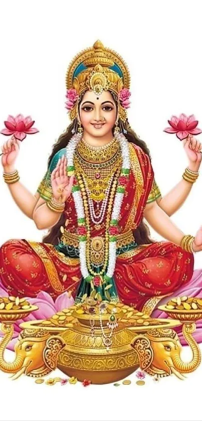 Illustration of a divine goddess with vibrant colors, holding lotuses.