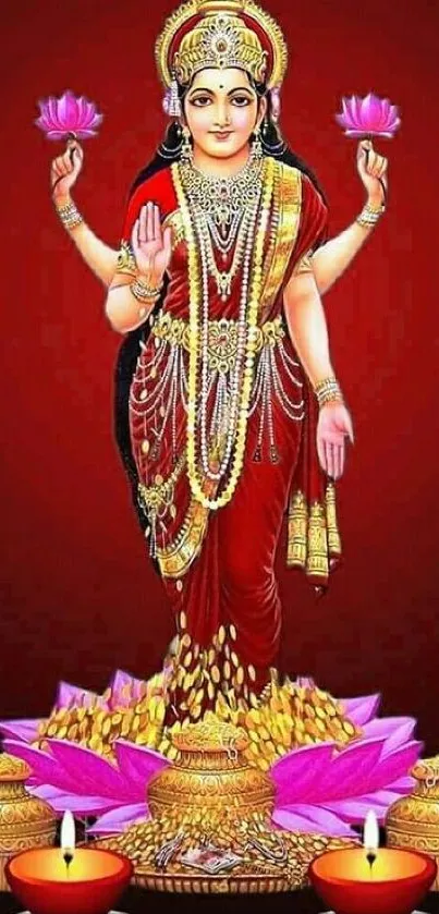 Illustration of a divine goddess in red with lotus flowers.