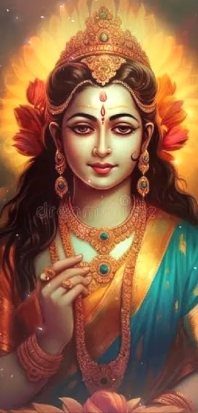 Divine goddess portrait with golden hues, radiating serenity and elegance.