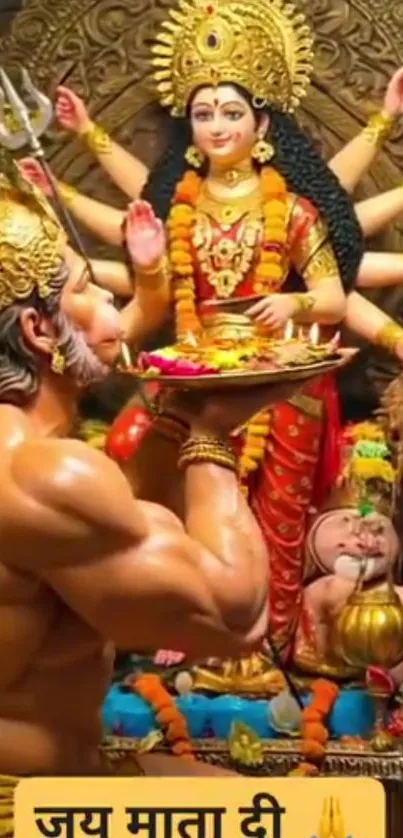 Divine goddess with multiple arms in a temple setting.