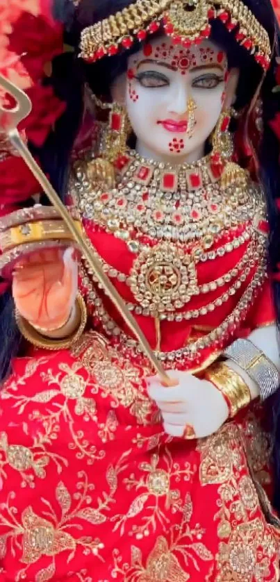 Vibrantly dressed goddess statue with ornate jewelry.