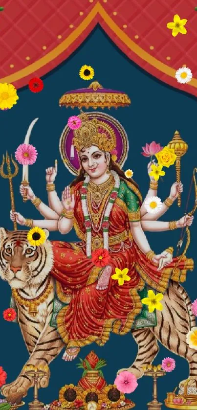 Divine depiction of Goddess Durga on tiger.