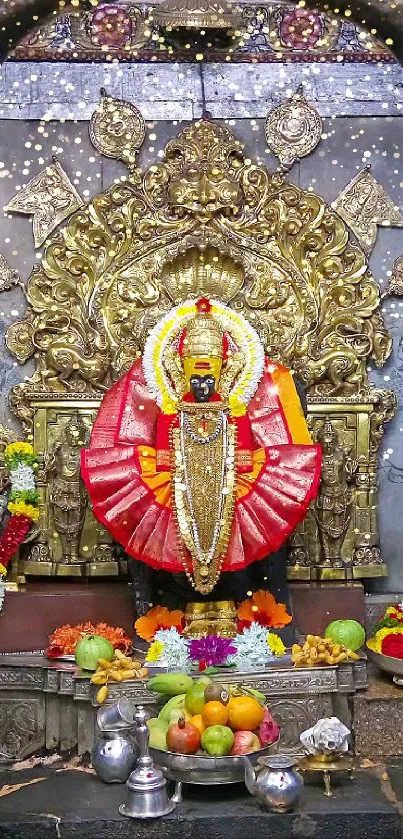 Goddess shrine with vibrant flowers and sacred offerings in ornate temple setting.