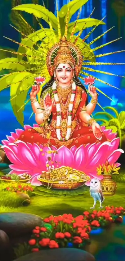 Colorful goddess on lotus with golden halo.