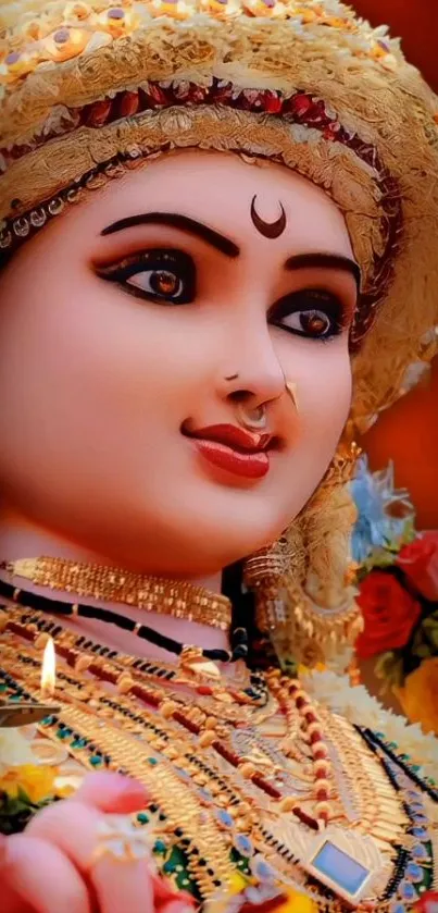 Vibrant goddess sculpture with ornate jewelry and bright colors.