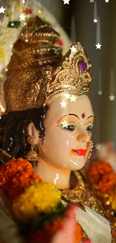 Statue of a divine goddess with colorful floral garlands and a golden crown.