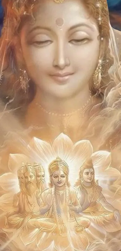 Serene divine goddess with golden aura and spiritual symbols.