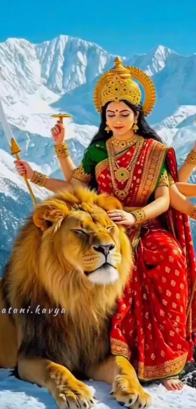 Goddess in red with lion in snowy mountains.