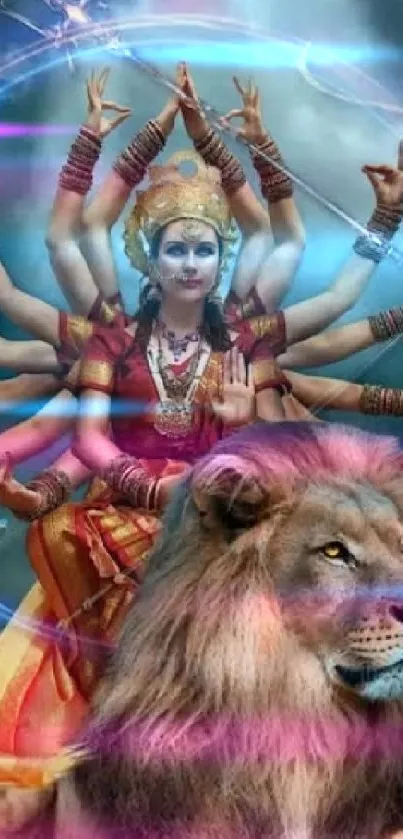 Wallpaper of a goddess with multiple arms and a lion, set in a mystical scene.