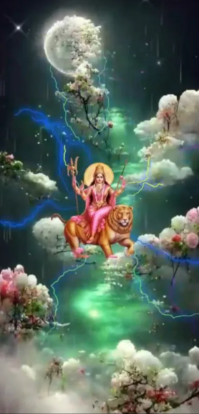 Divine goddess on a tiger amidst cosmic flowers.