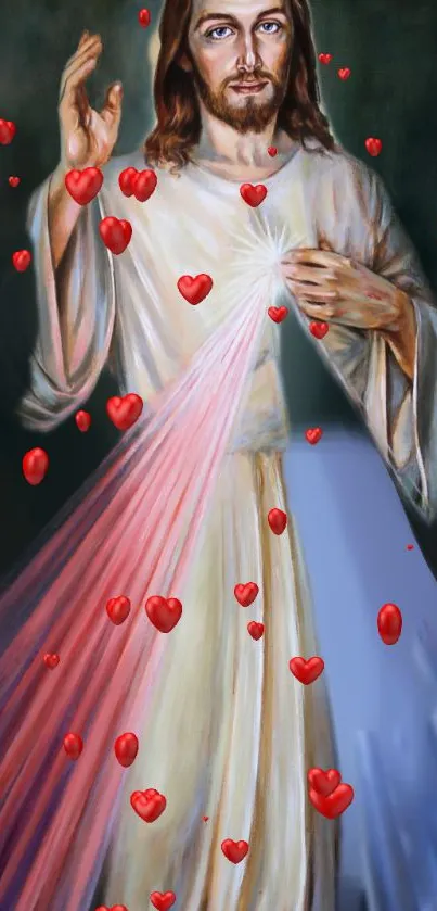 Divine figure with hearts and radiant light wallpaper.