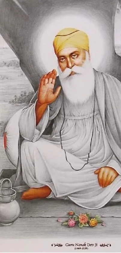 Guru Nanak Dev Ji in a peaceful meditative pose, exuding serenity.