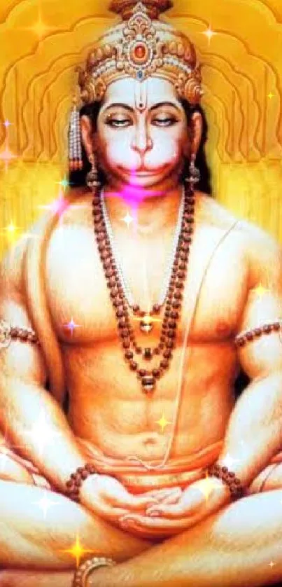 Hanuman meditating golden wallpaper with spiritual ambiance.