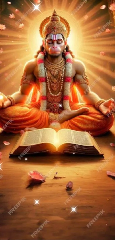 Hanuman meditating with an open book, surrounded by orange light and floral elements.