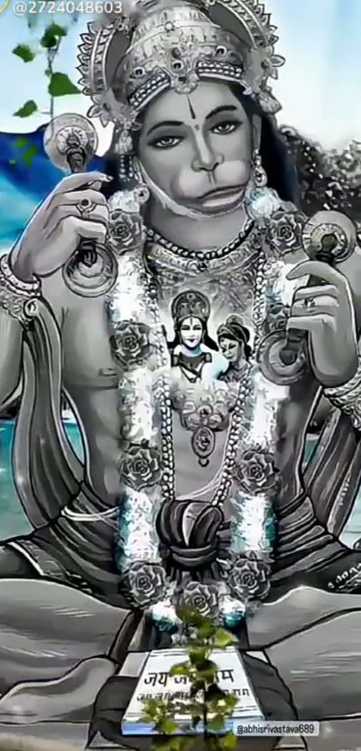 Divine Hanuman wallpaper with detailed artwork in grayscale and subtle colors.