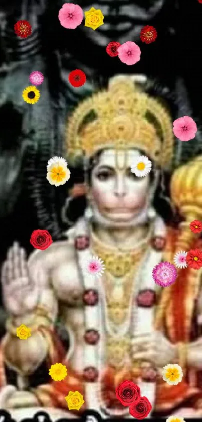 Colorful wallpaper featuring divine Hanuman statue with vibrant background.