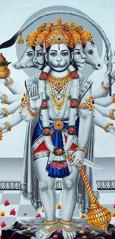 Intricate multi-armed Hanuman in divine pose.