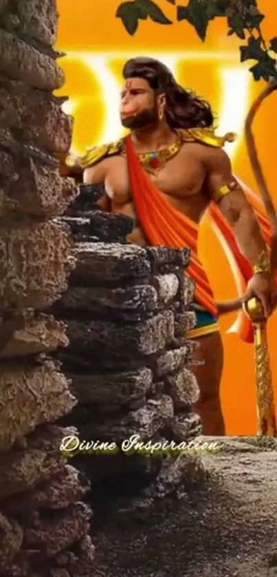 Hanuman standing strong against an orange aura with stone background.