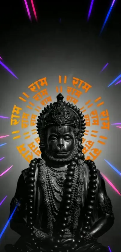 Statue of Hanuman with bright, colorful light rays emanating from the background.