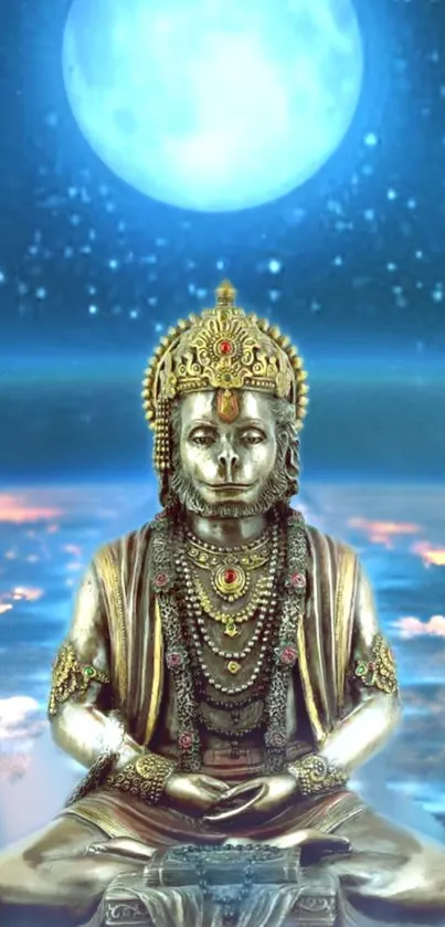 Hanuman statue under a glowing moonlit sky, serene celestial backdrop.