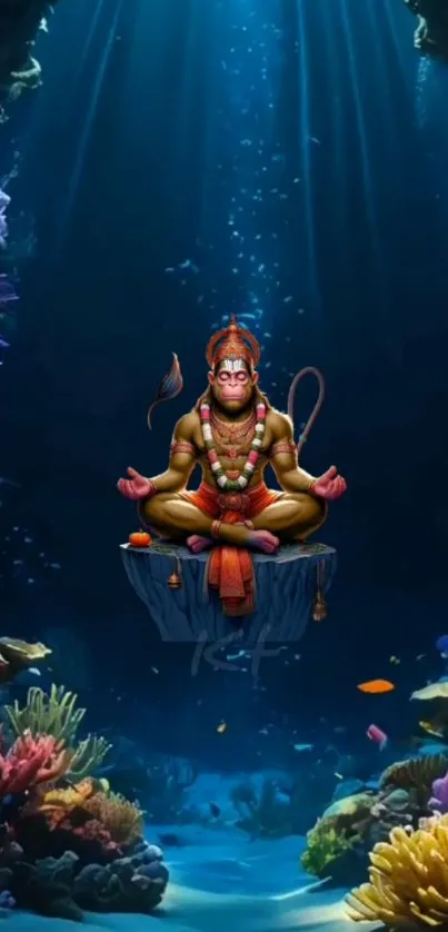 Hanuman statue surrounded by colorful underwater corals.