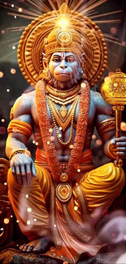 Vibrant divine wallpaper of Lord Hanuman with spiritual symbolism.