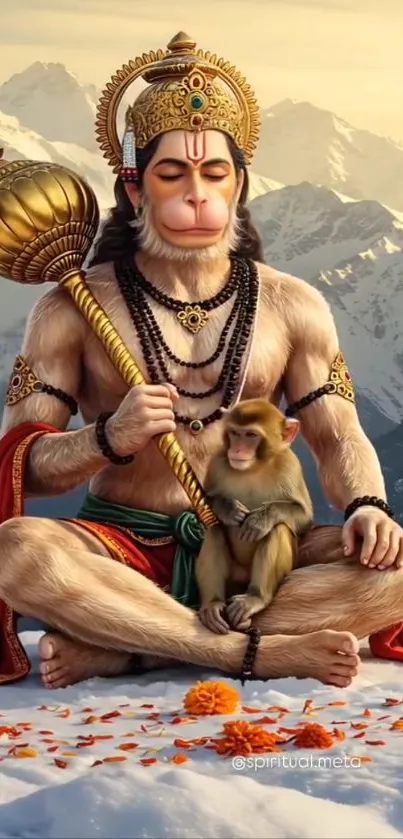 Divine Hanuman holding a baby monkey in the mountains.