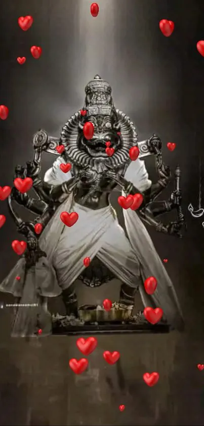 Majestic deity surrounded by floating red hearts.