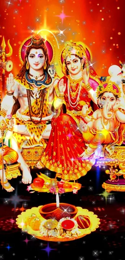 Colorful art of Hindu gods with vibrant orange hues.