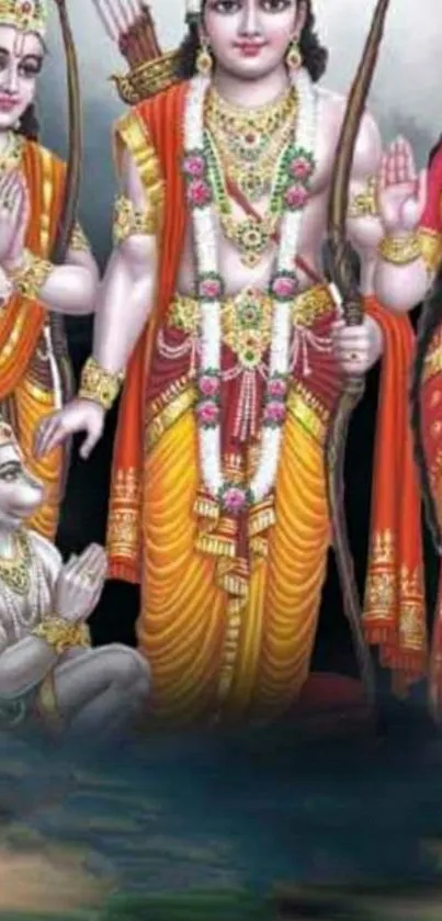 Colorful depiction of Hindu deities in traditional attire.